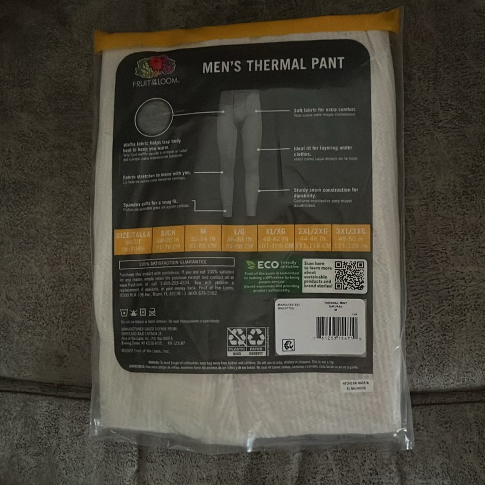 Fruit of the Loom Men’s Thermal Pant Medium New in Package - Picture 2 of 2